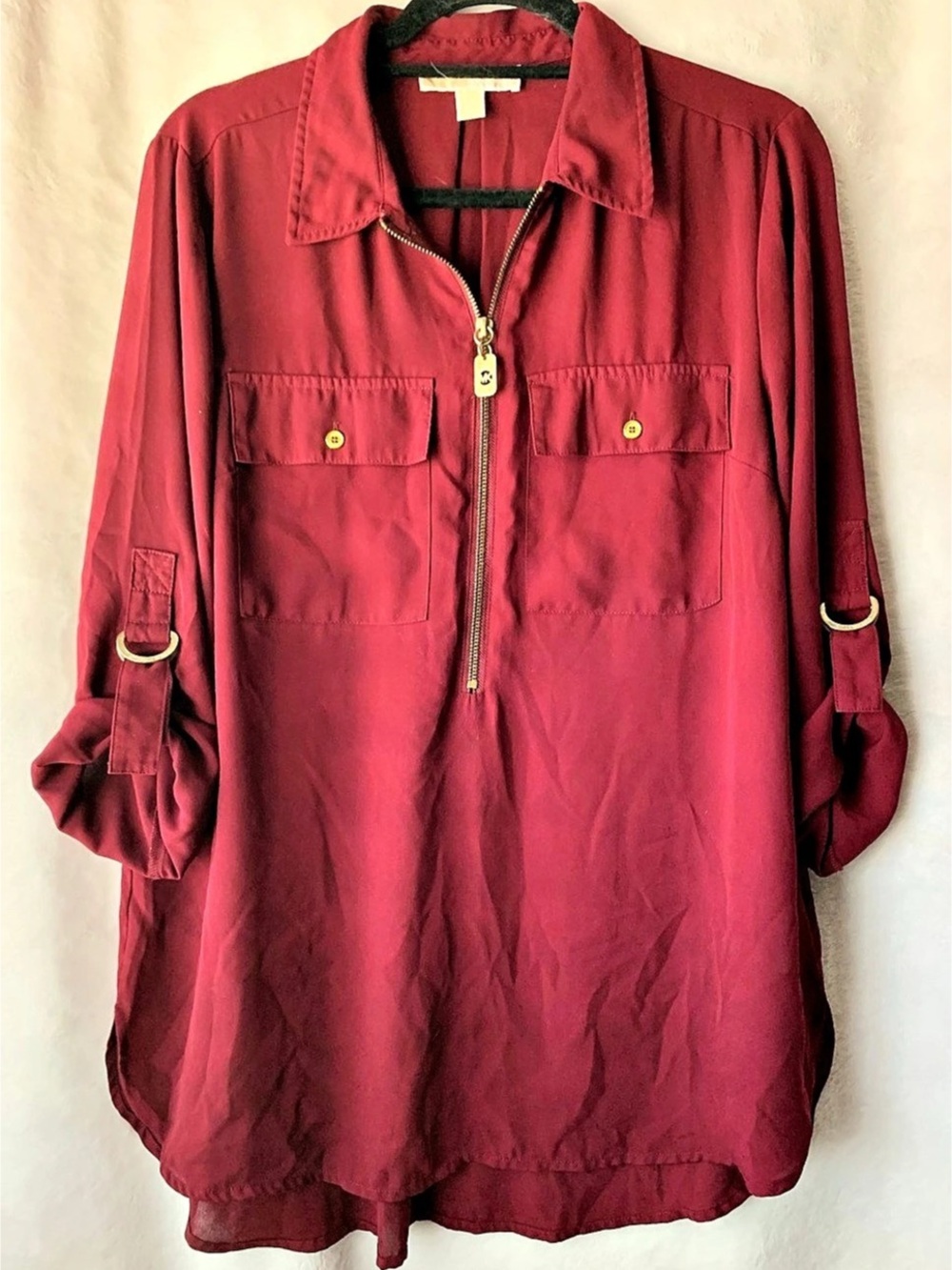 Michael Kors Burgundy Red Gold Zip Front Roll Tab Sleeve Blouse
